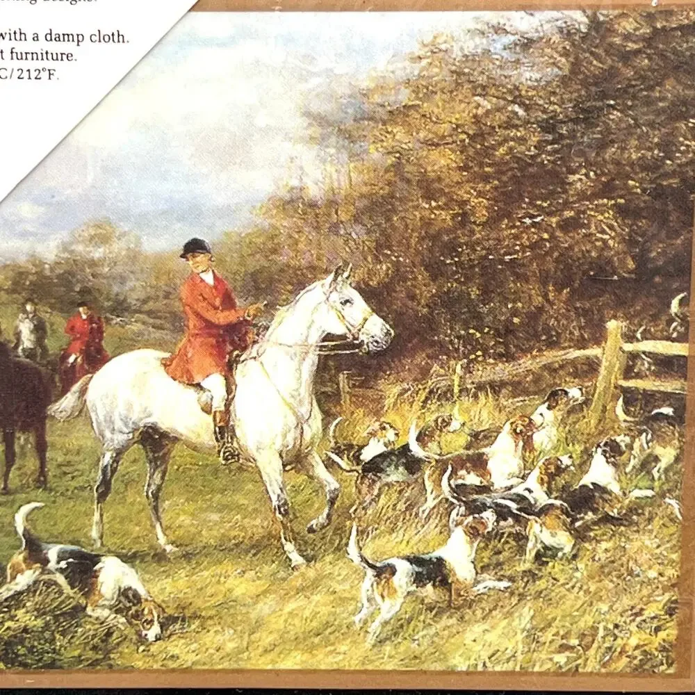 set of six Pimpernel Tally Ho 4.25” coasters featuring a fox hunting scene.